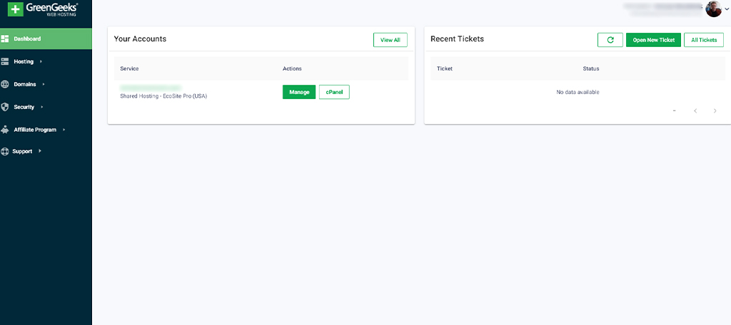 screenshot of GreenGeeks Dashboard