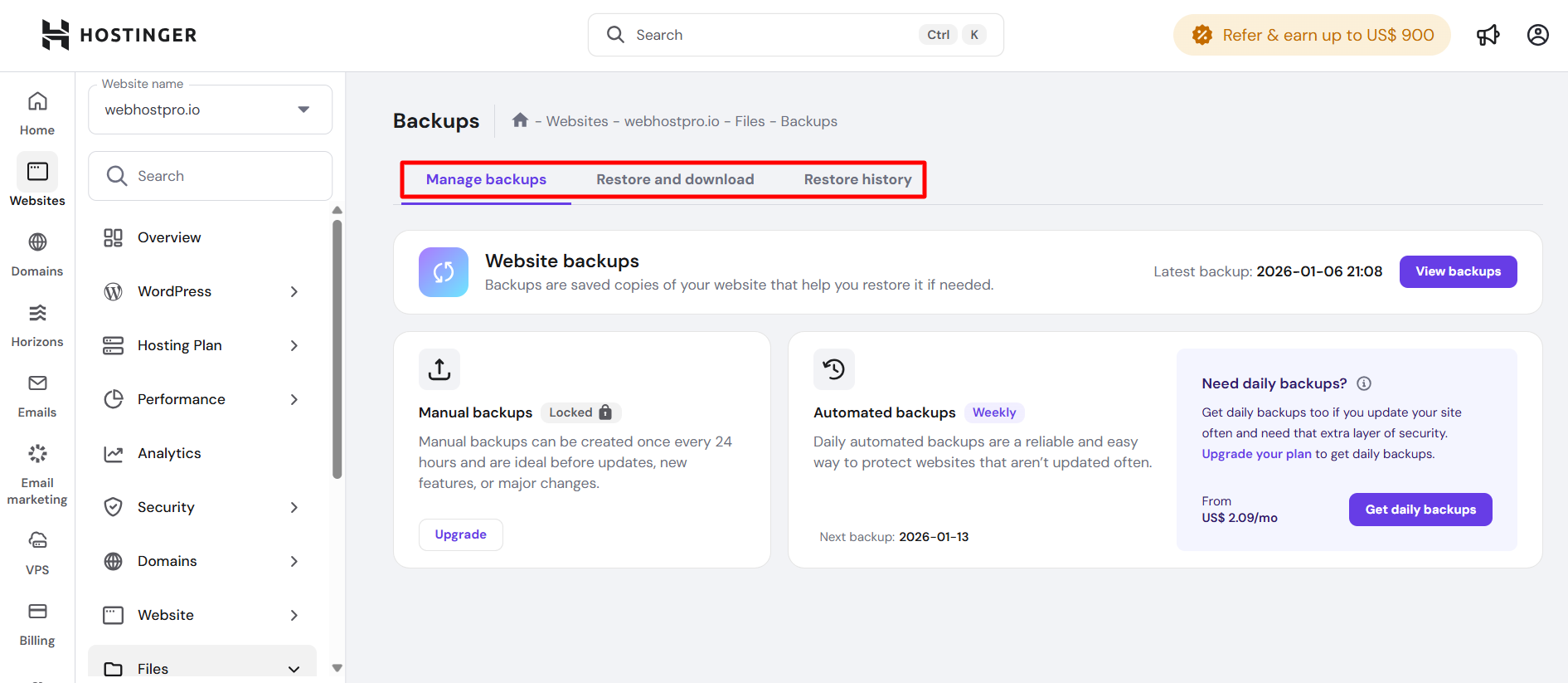 screenshot of the Hostinger 
