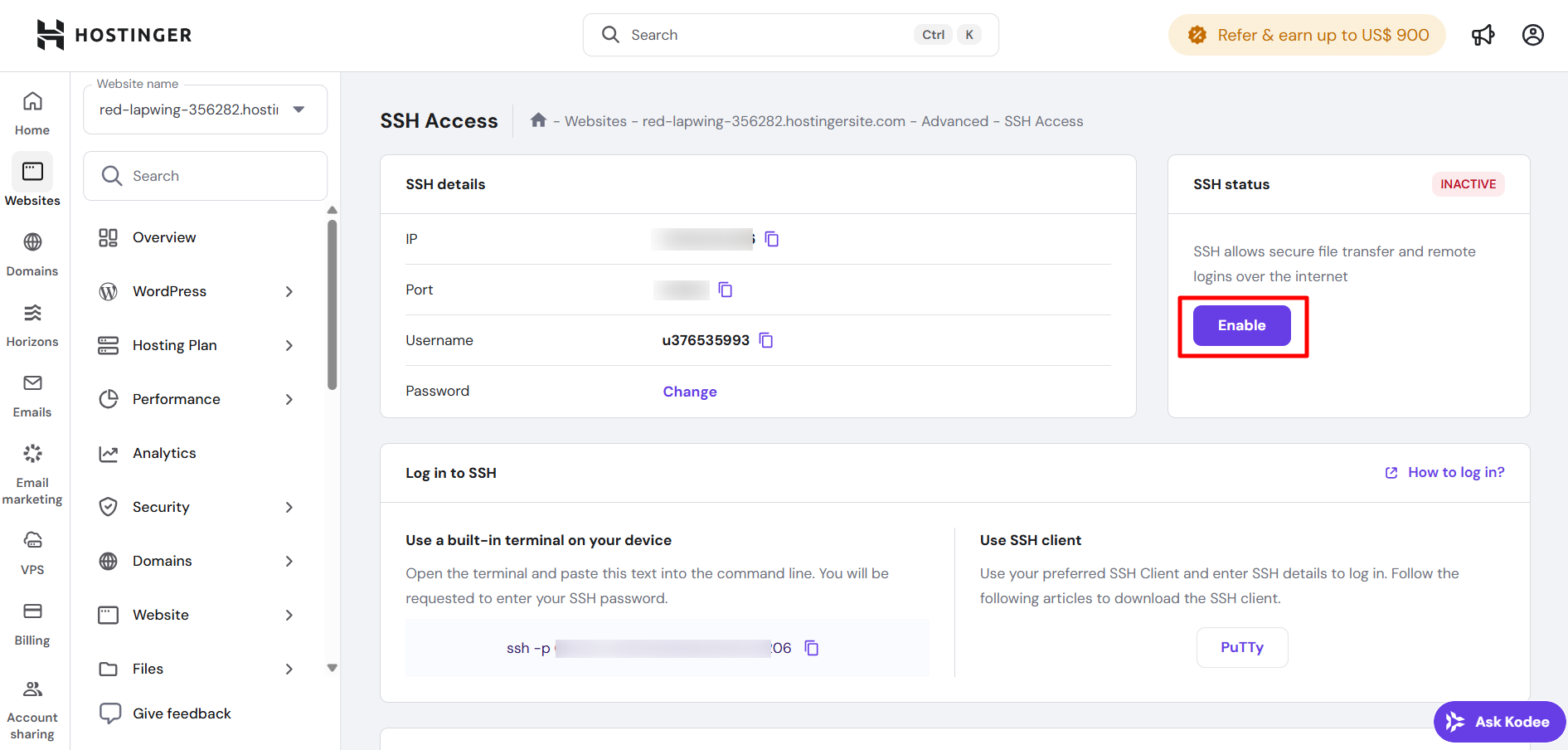 screenshot of the Hostinger 