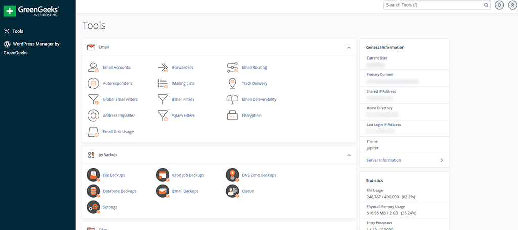 screenshot of GreenGeeks cPanel dashboard