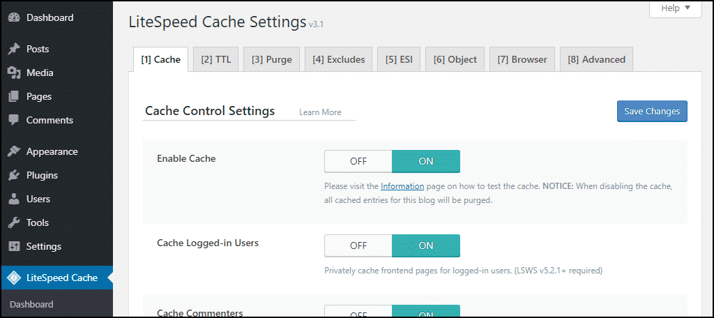 screenshot of LiteSpeed Cache Setting page
