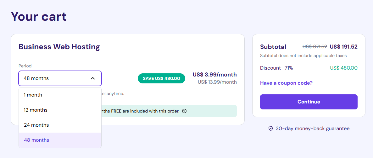 screenshot of the Hostinger cart