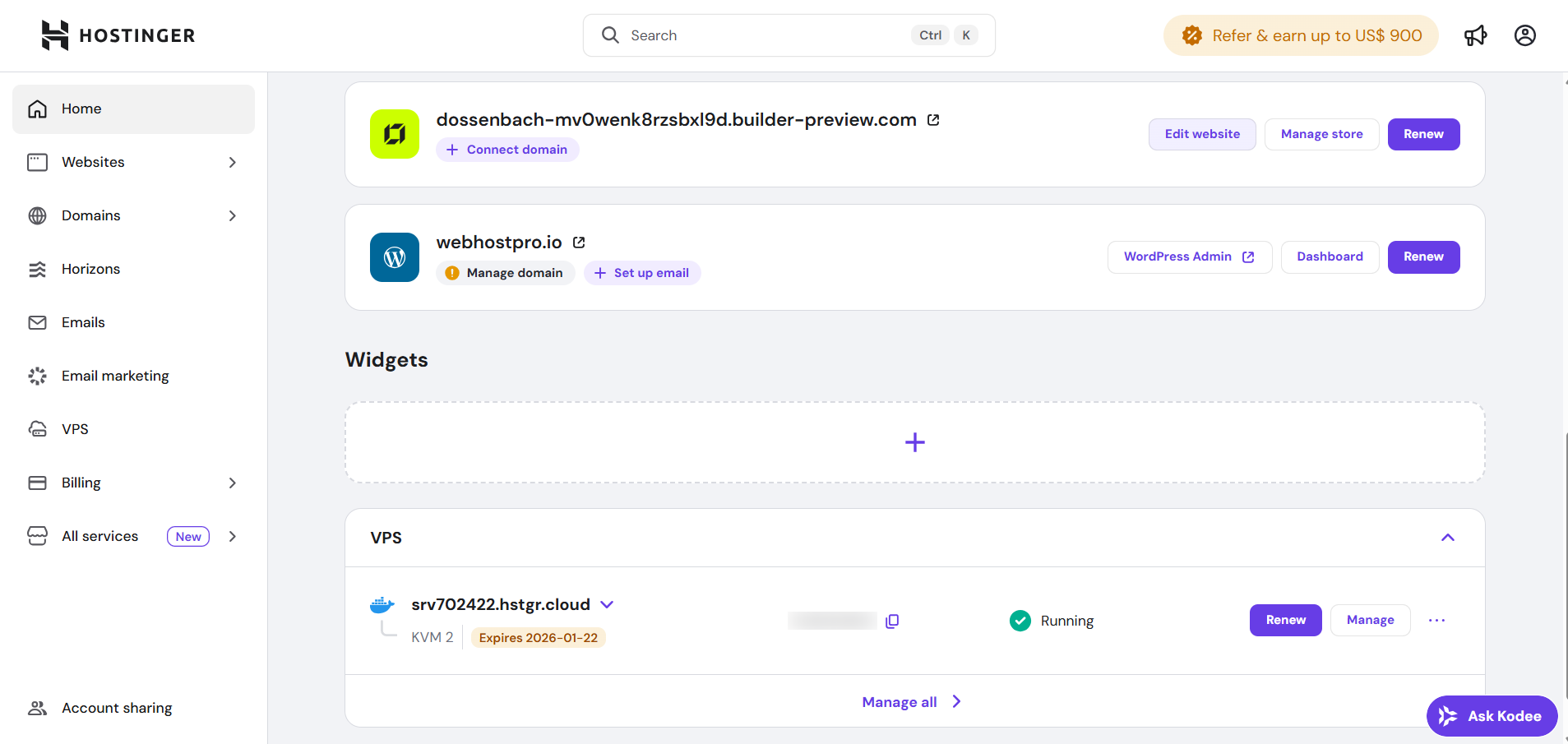 screenshot of the Hostinger hPanel dashboard