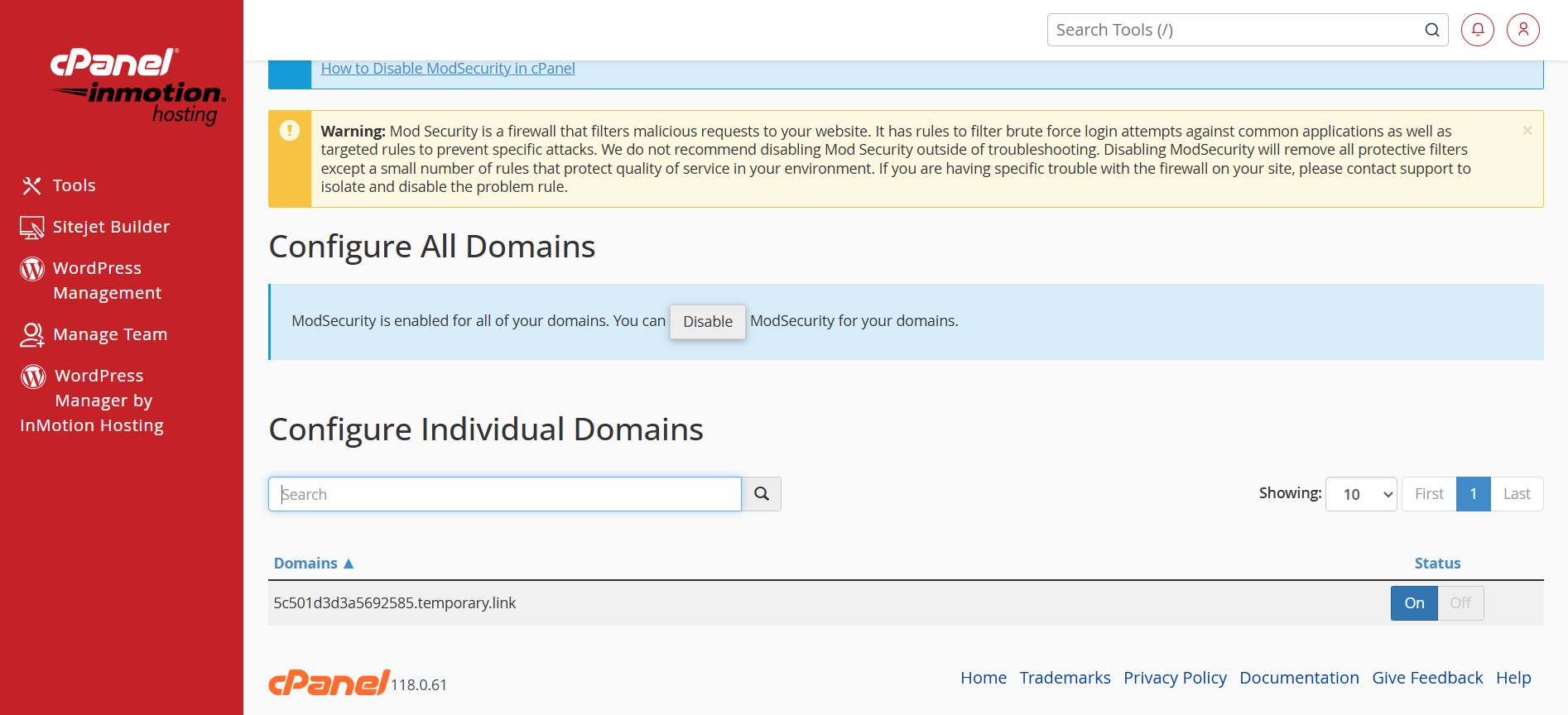 screenshot of the InMotion cPanel dashboard Domains menu