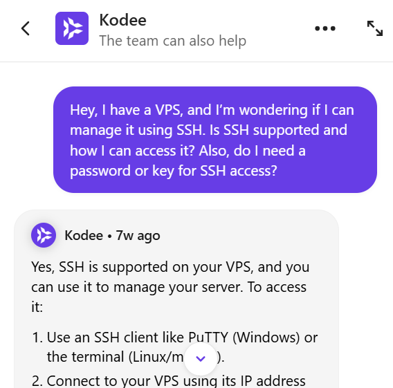 Screenshot of Hostinger Live chat conversation
