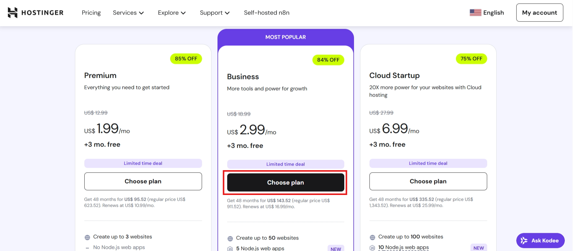 screenshot of Hostinger hosting plans