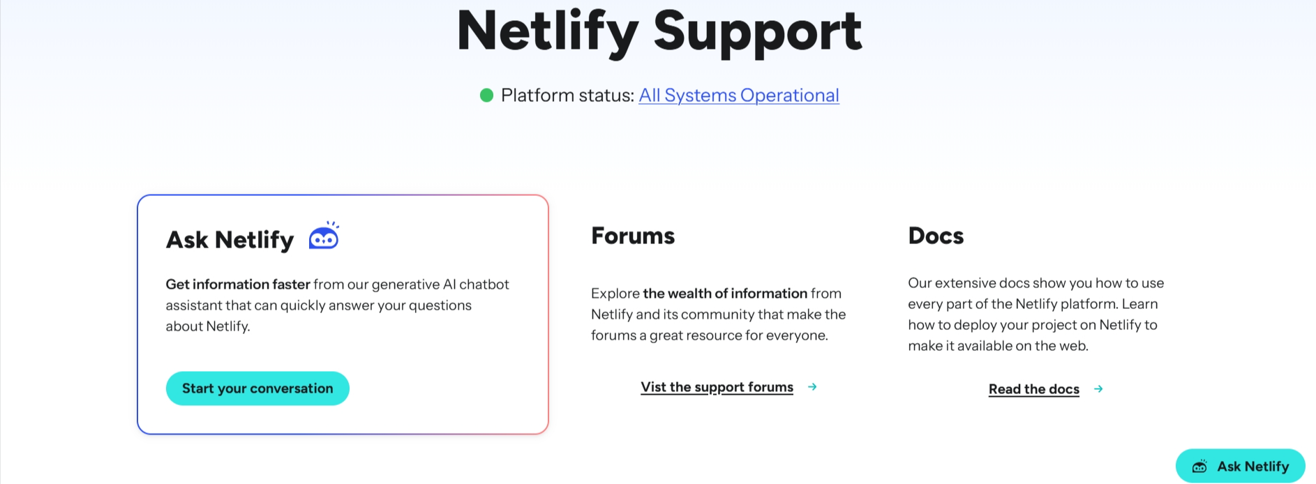 Screenshot of Netlify Support page