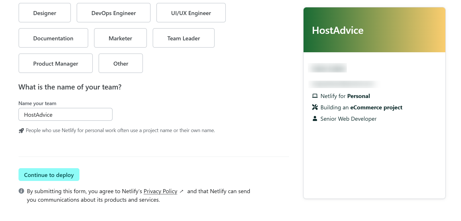 screenshot of Netlify account additional information