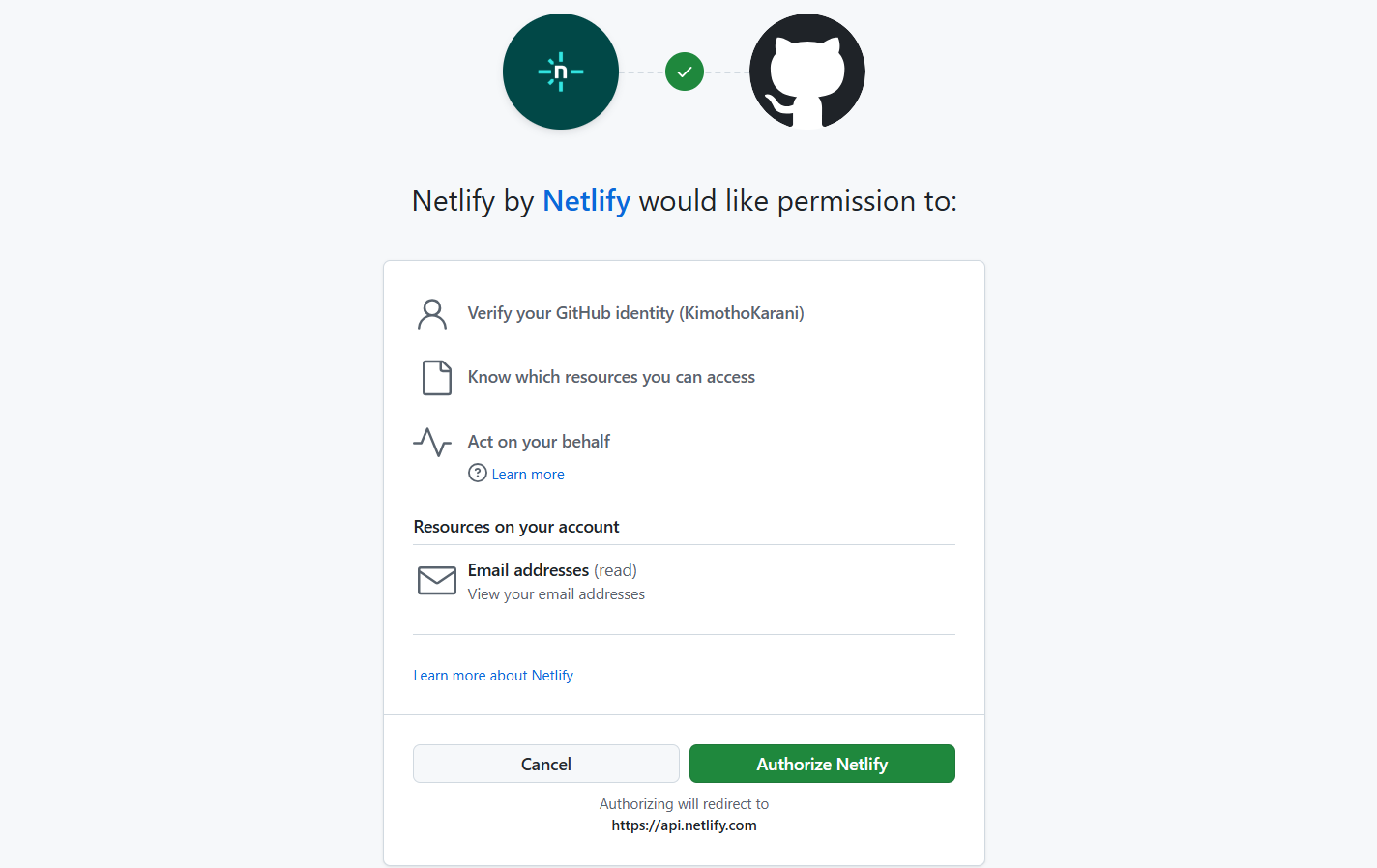 screenshot of Netlify authorization window