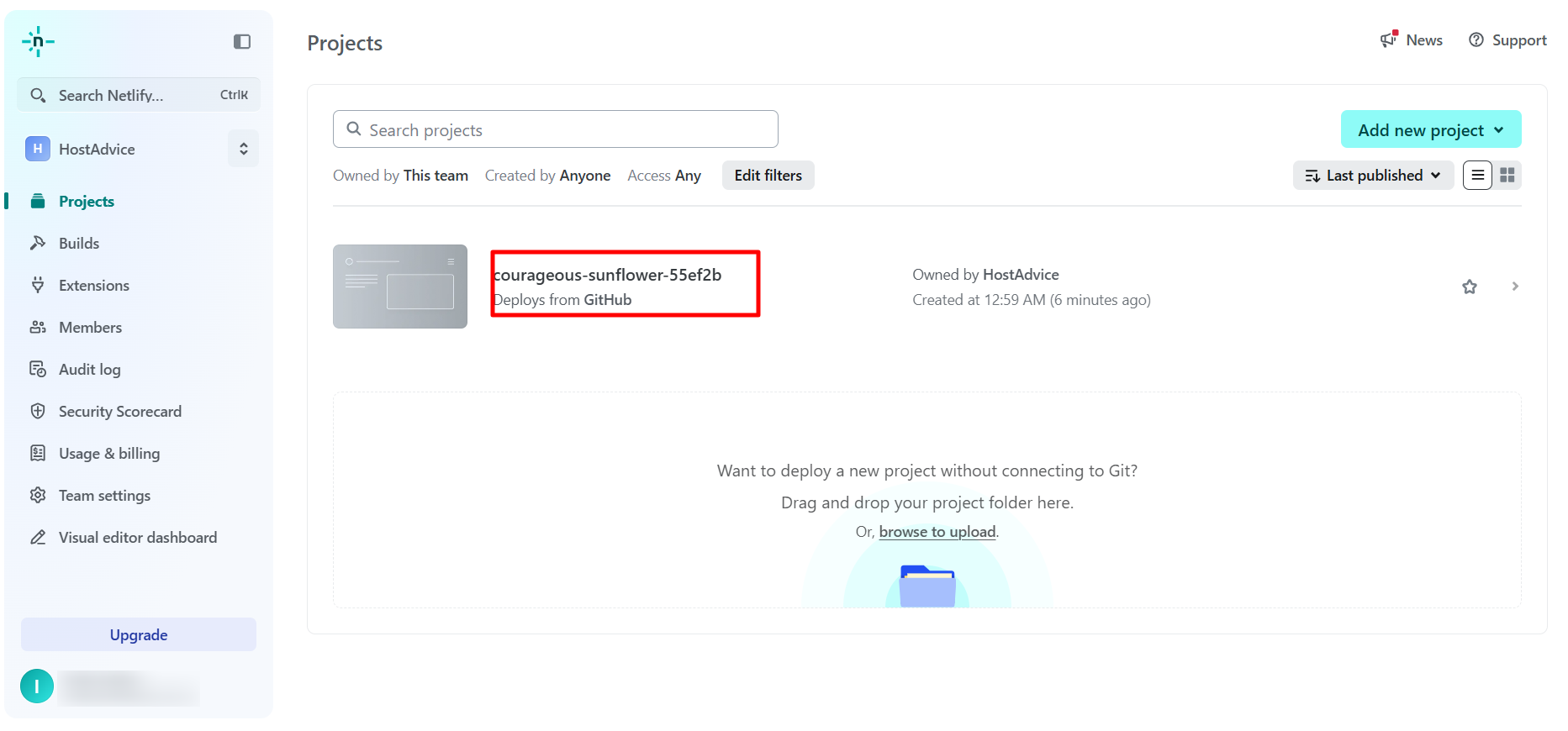 screenshot of Netlify dashboard 