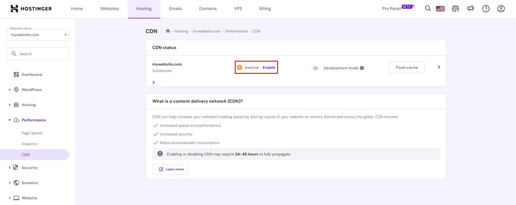 screenshot of Hostinger CDN settings