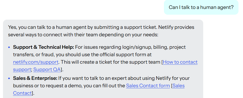 Screenshot of Netlify Support conversation