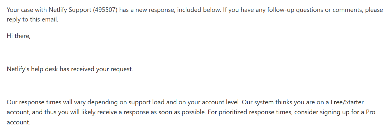 Screenshot of Netlify Support conversation