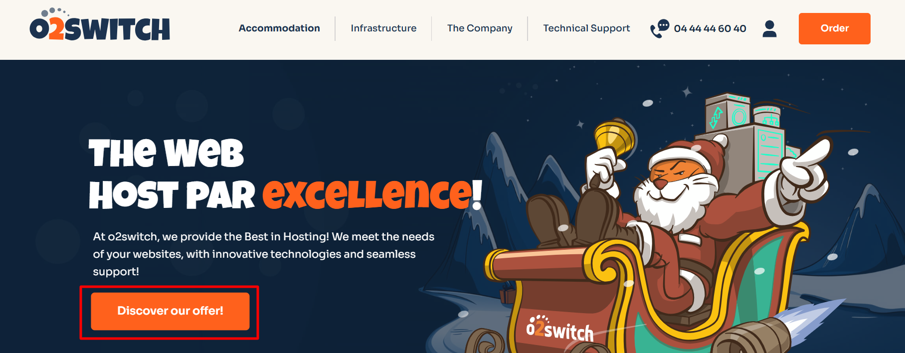 screenshot of o2switch website with highlighted the