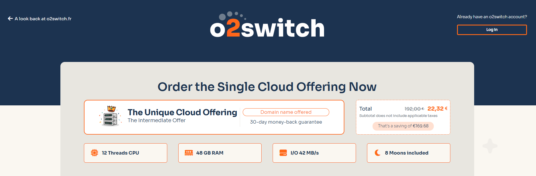 screenshot of o2switch hosting plan configurations