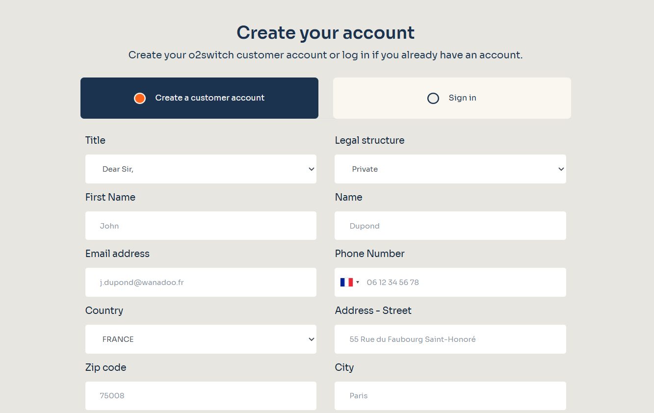 screenshot of o2switch Sign Up form