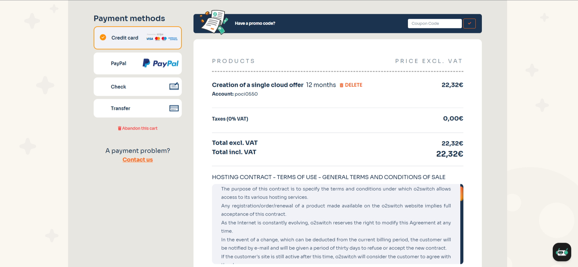 screenshot of o2switch Payment Methods