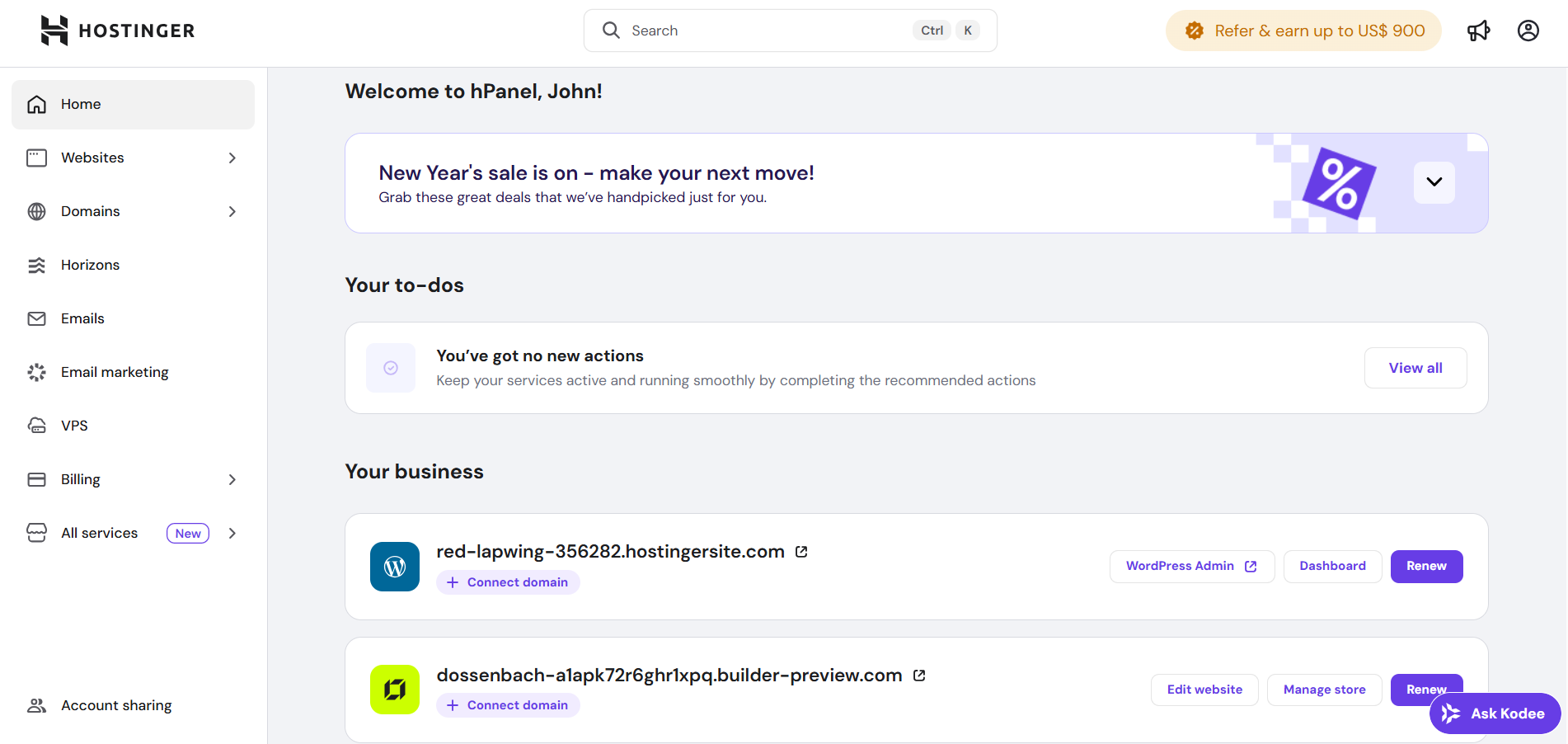 screenshot of Hostinger dashboard