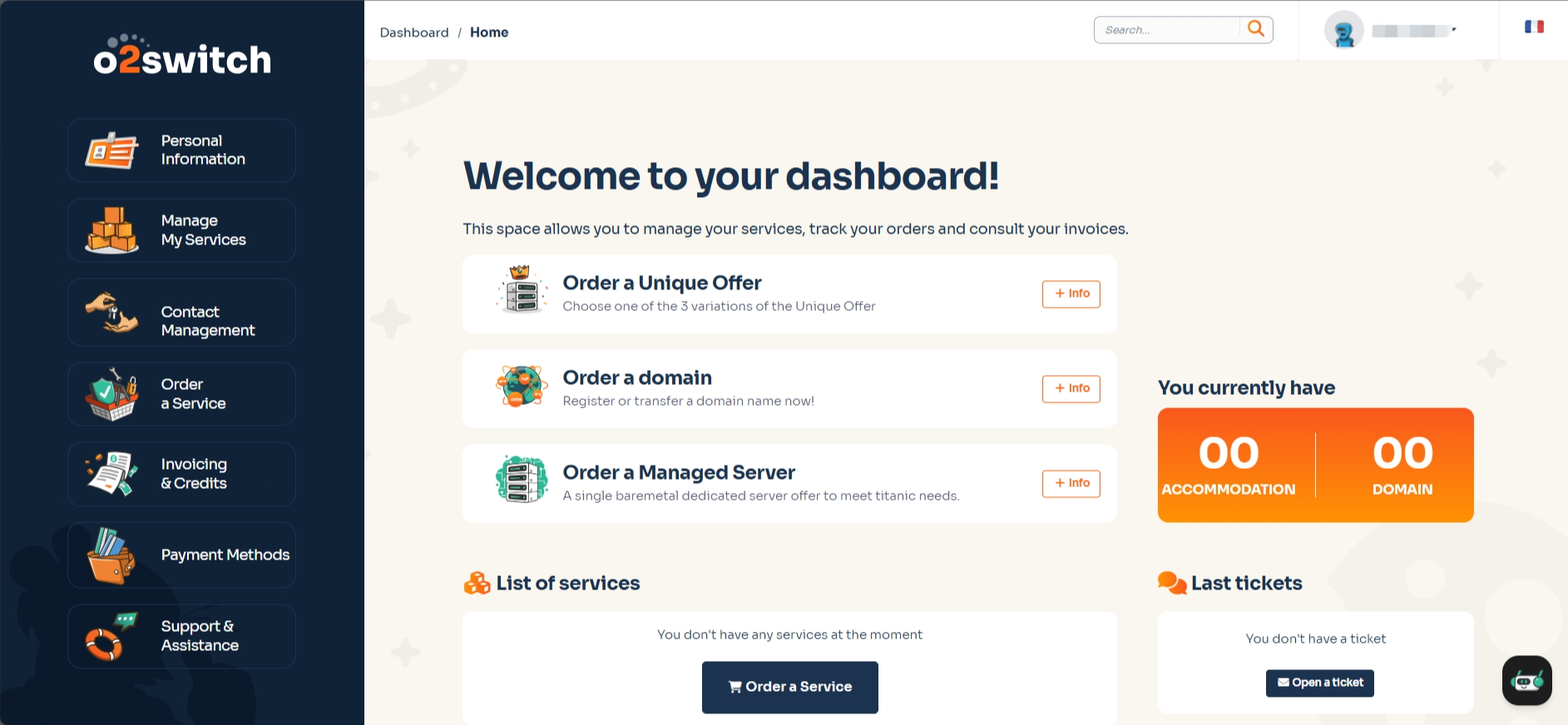 screenshot of o2switch dashboard