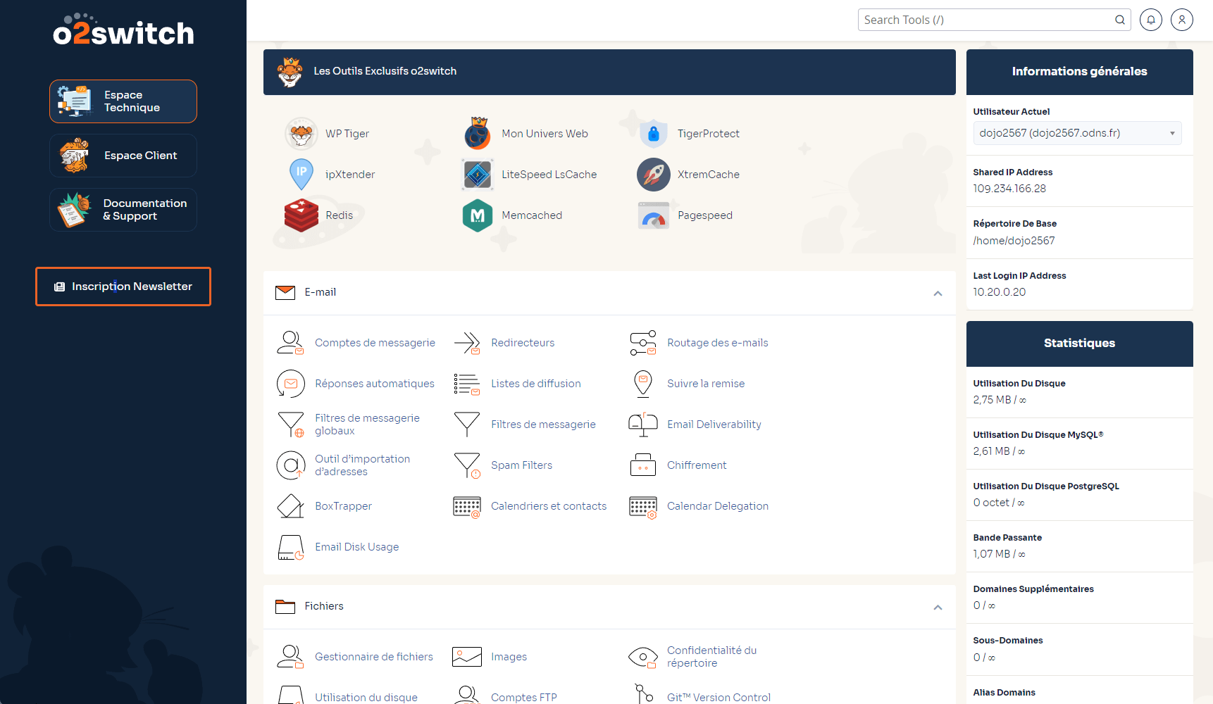 screenshot of o2switch dashboard