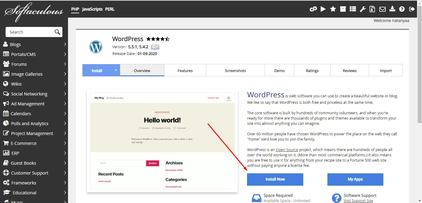screenshot of WordPress installation