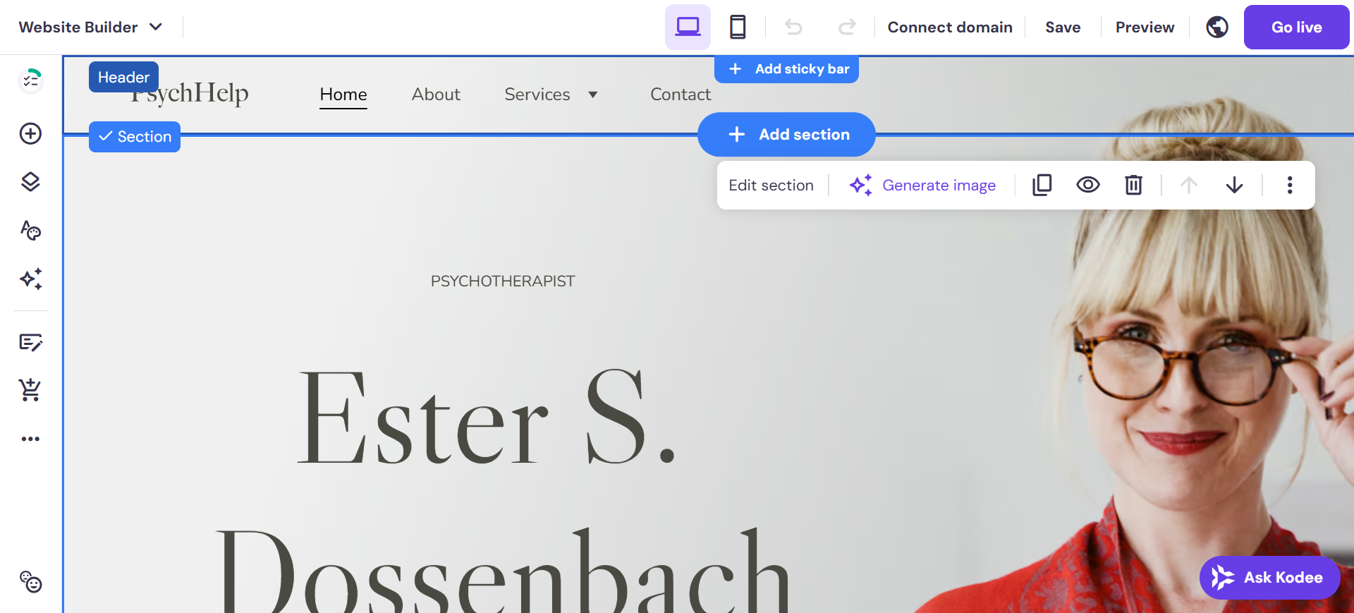screenshot of Hostinger website builder
