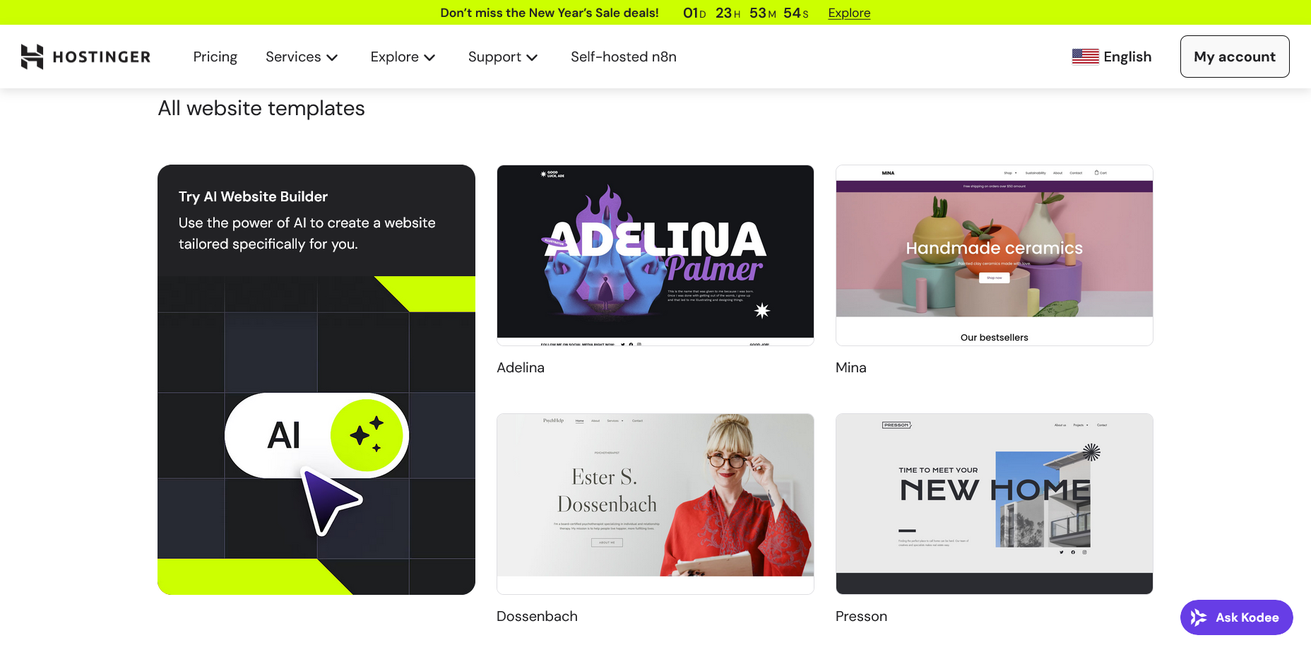 screenshot of Hostinger website templates