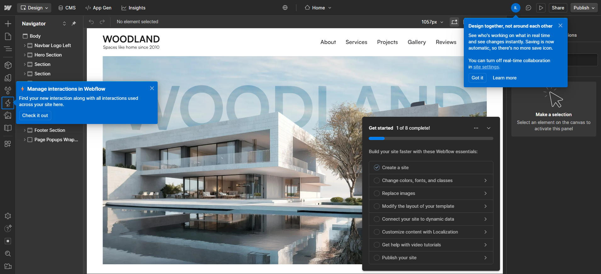 screenshot of Webflow website builder navigator
