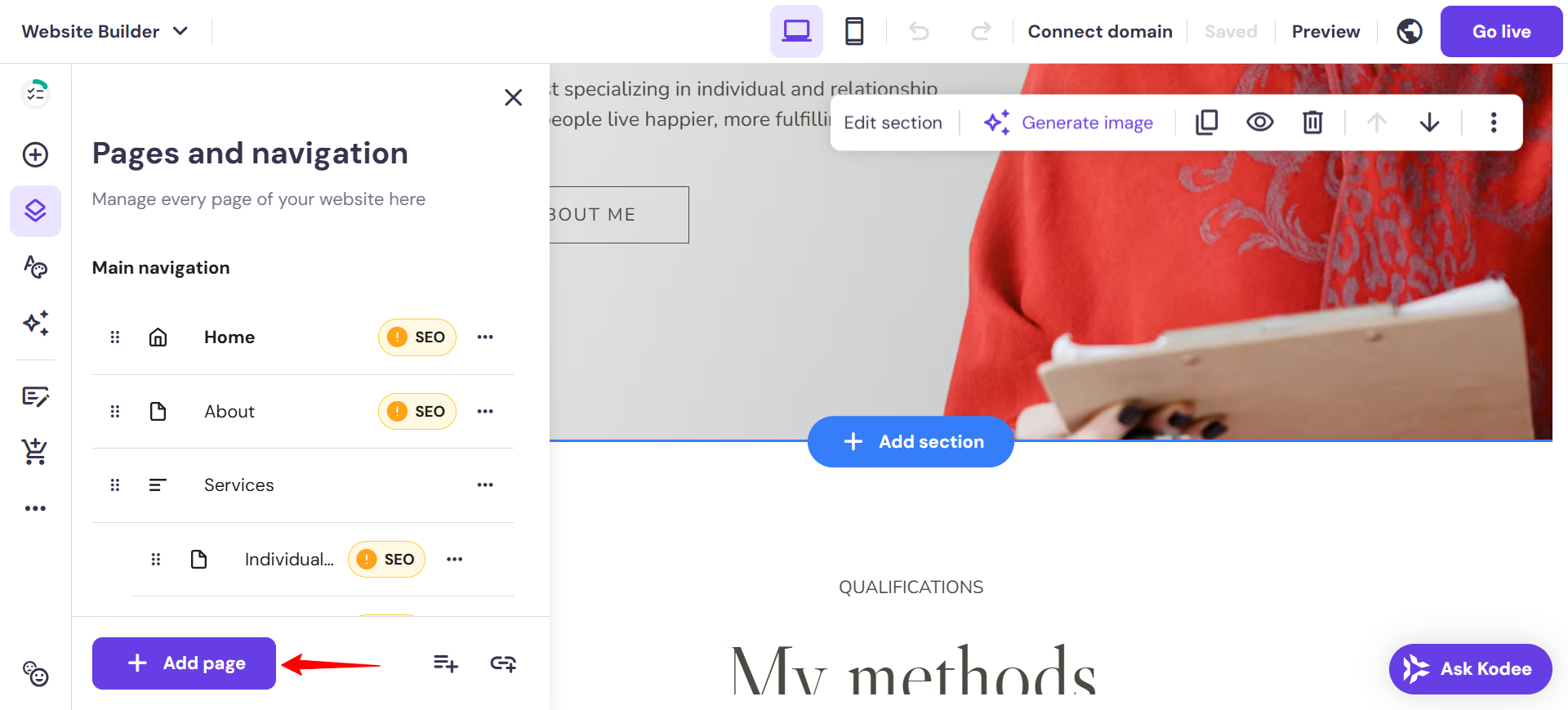 screenshot of Hostinger Website editor
