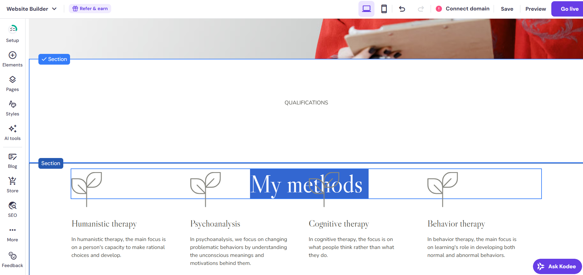 screenshot of the Hostinger website builder