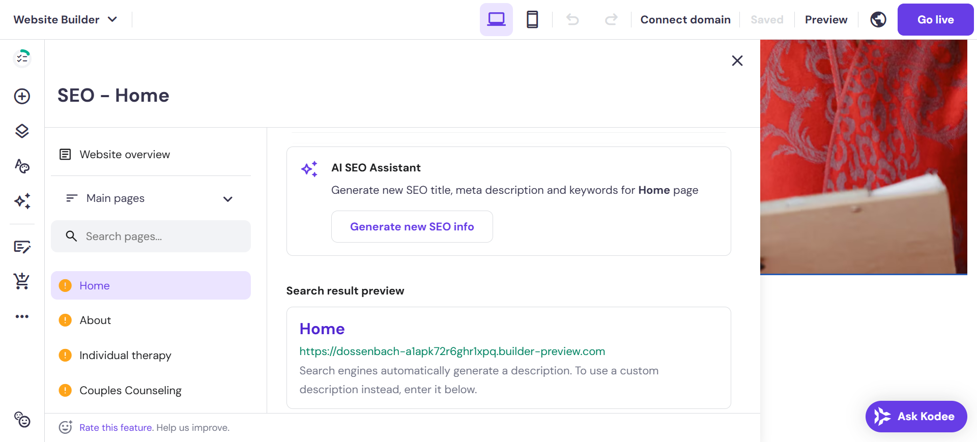 screenshot of Hostinger website builder SEO menu