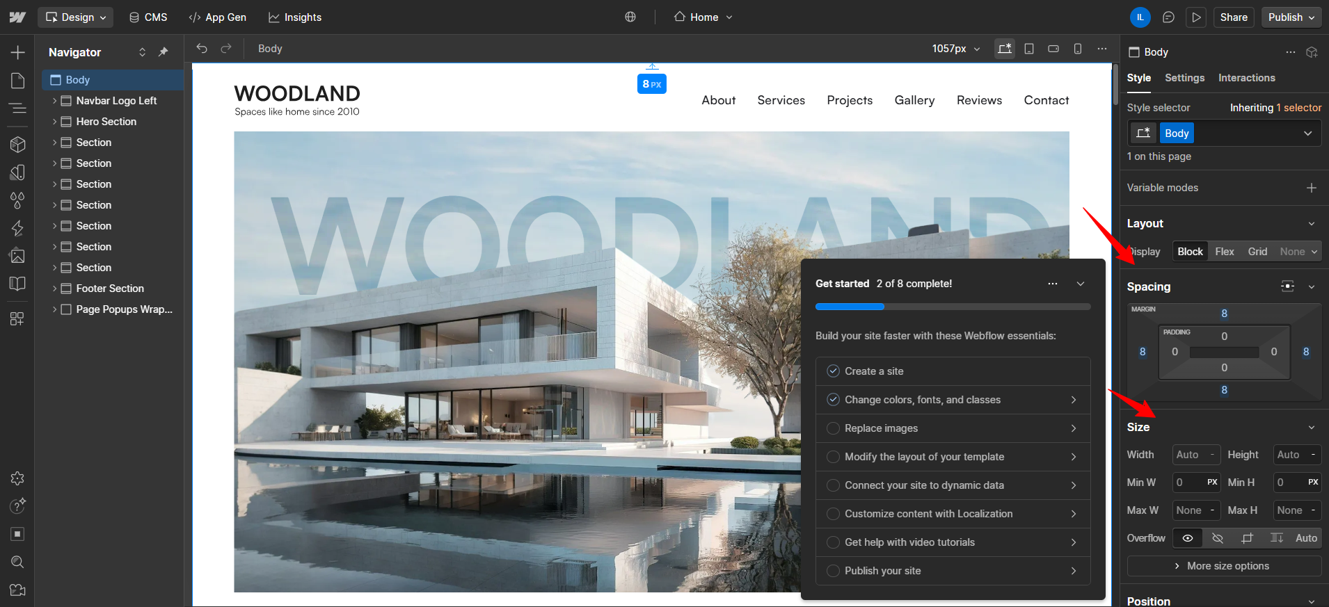 screenshot of the Webflow spacing menu