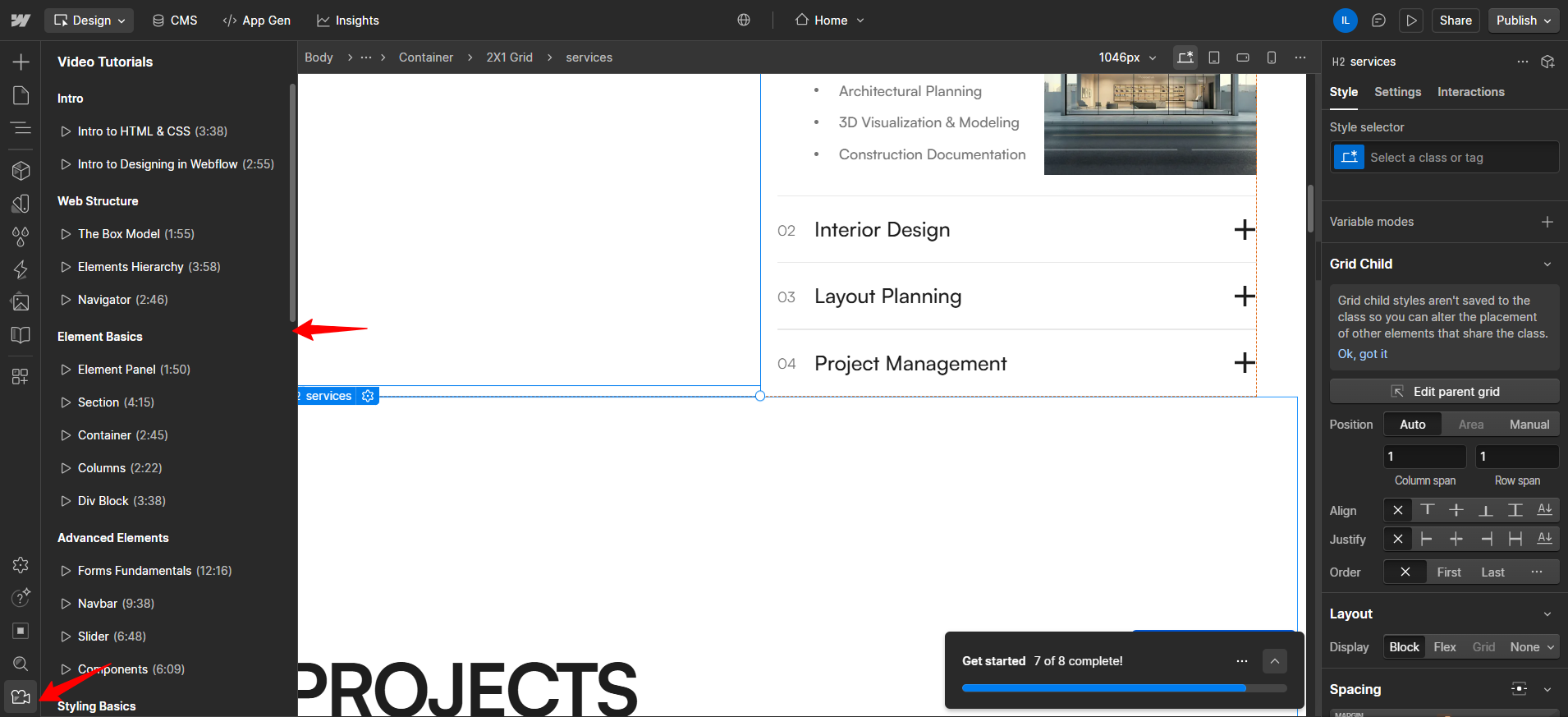 screenshot of the Webflow Video button