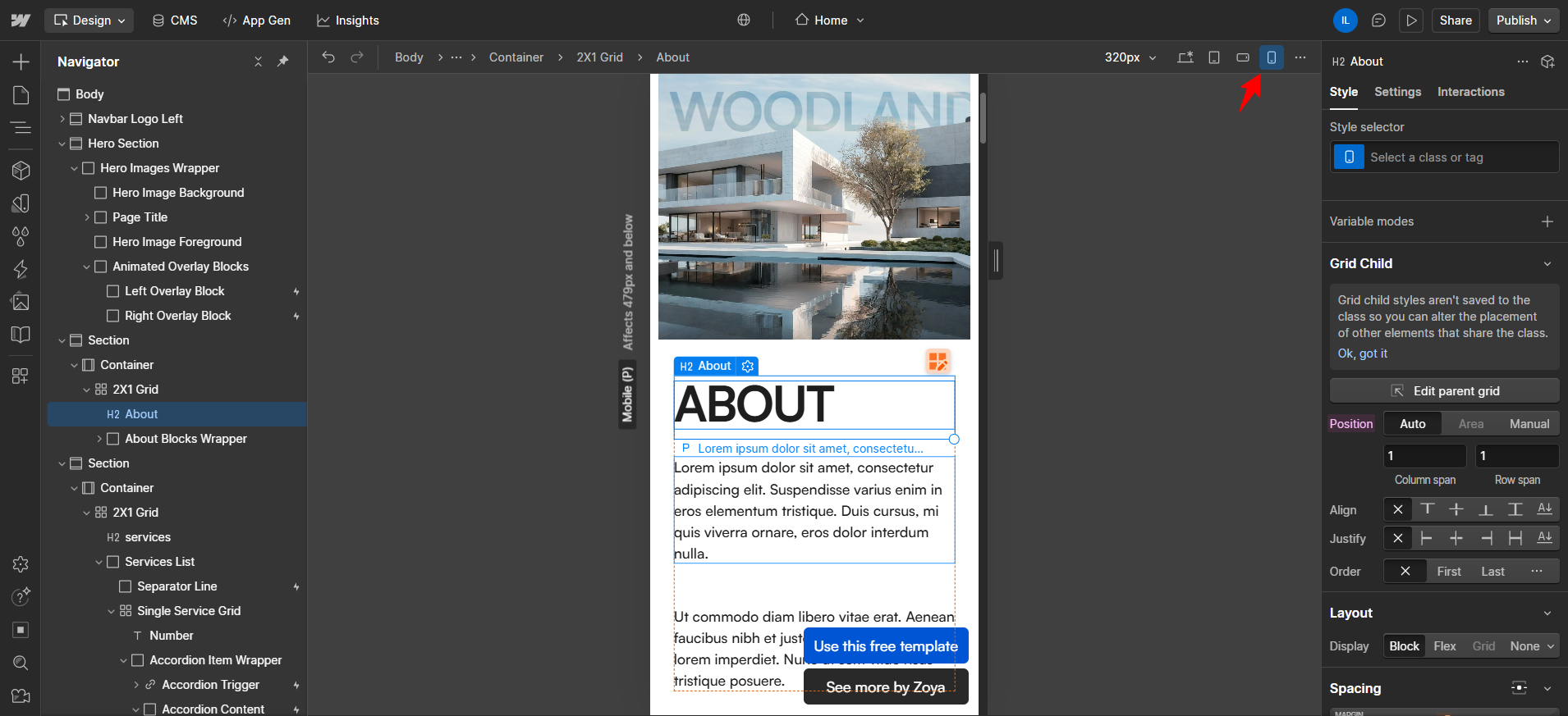 screenshot of Mobile view button