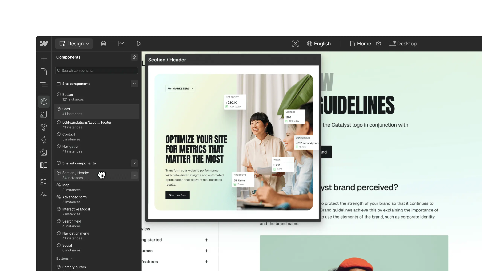 screenshot of Webflow website builder