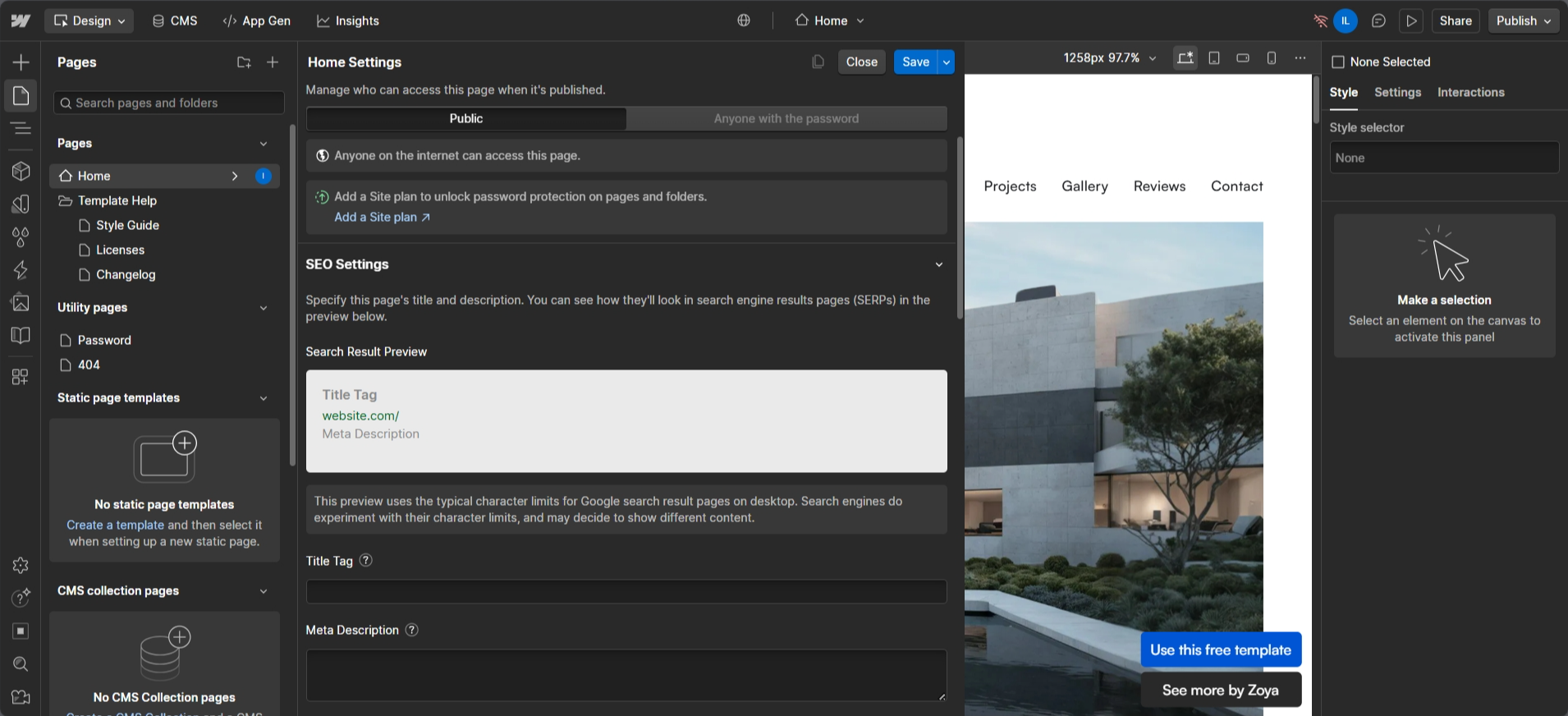 screenshot of Webflow SEO and Marketing Tools