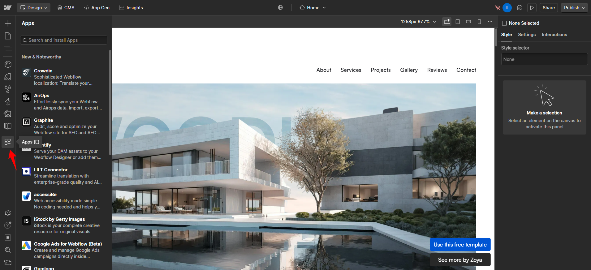 screenshot of Webflow Apps button