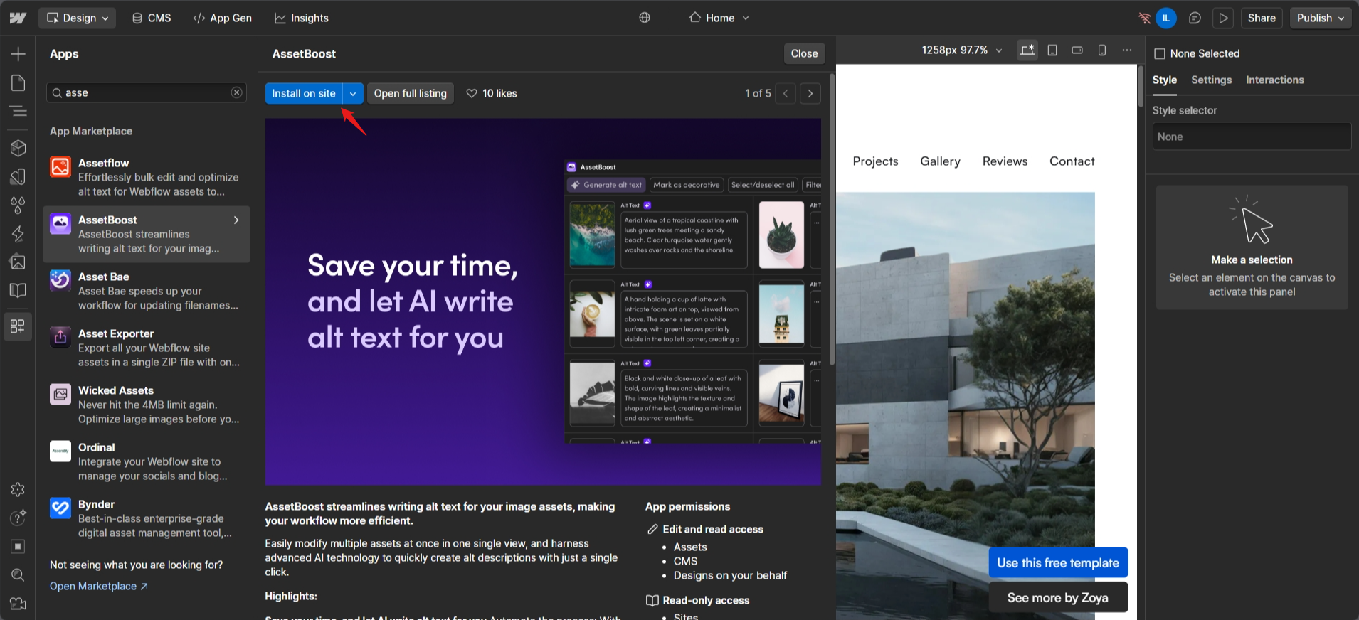 screenshot of Webflow AssetBoot app button