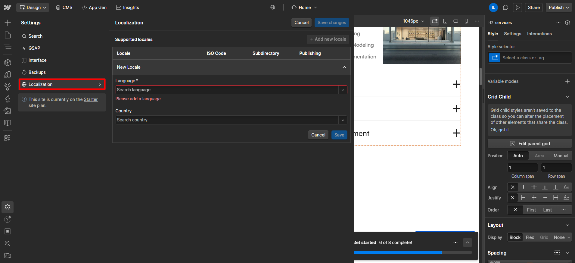 screenshot of Webflow Localization tab