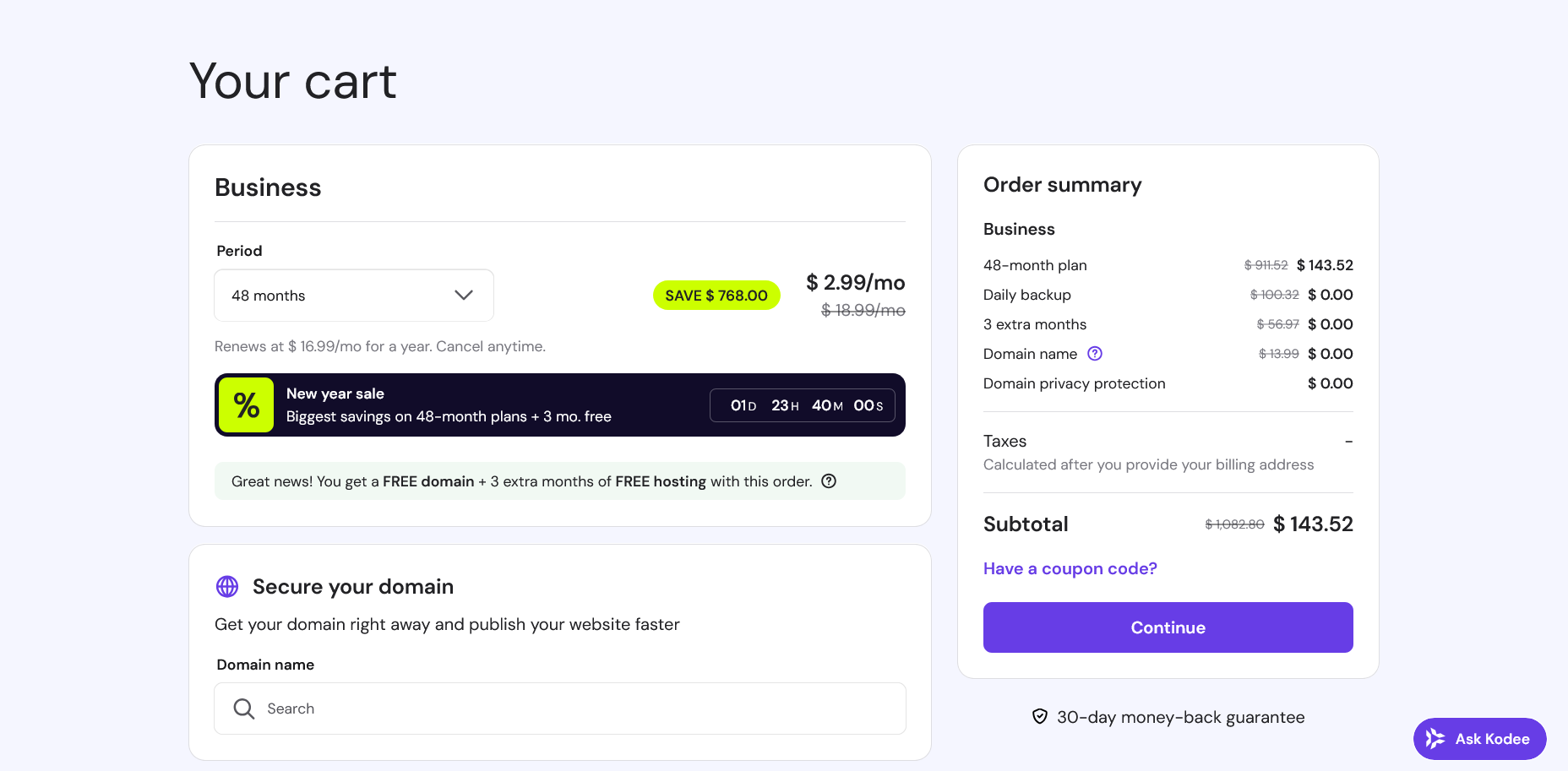 screenshot of Hostinger cart