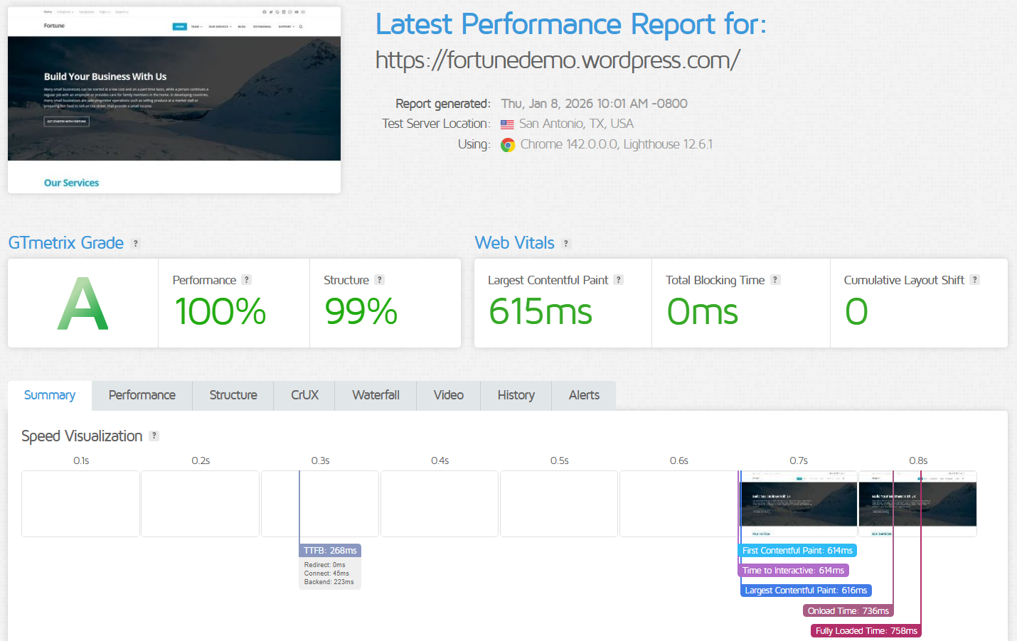 screenshot of WordPress.com Performance Results