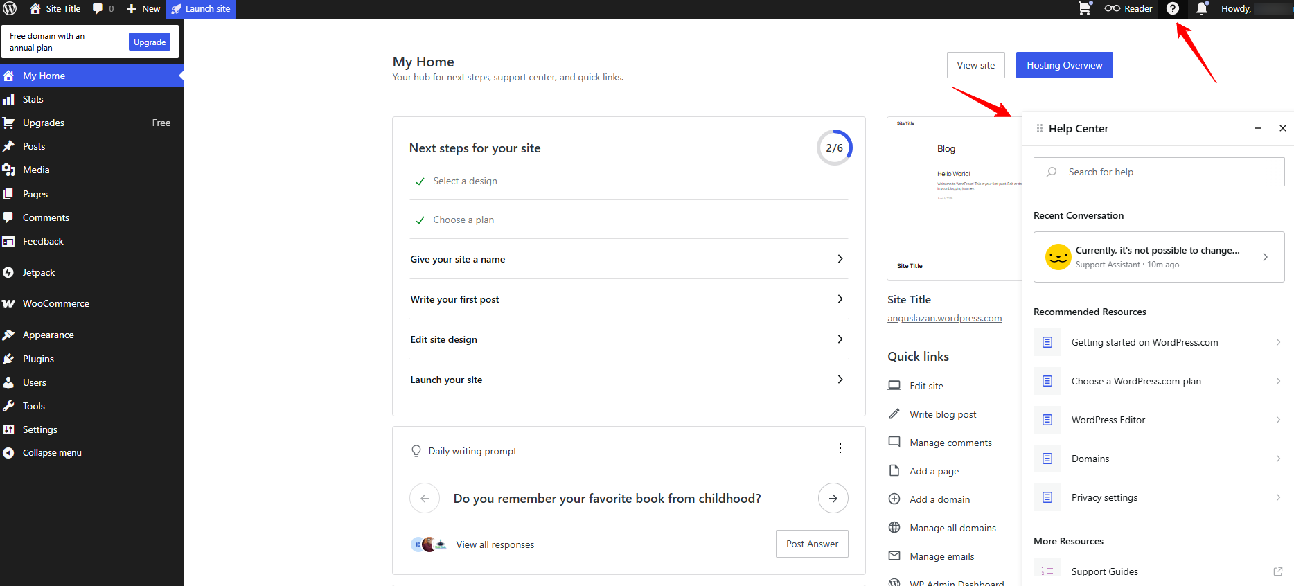 screenshot of WordPress.com dashboard