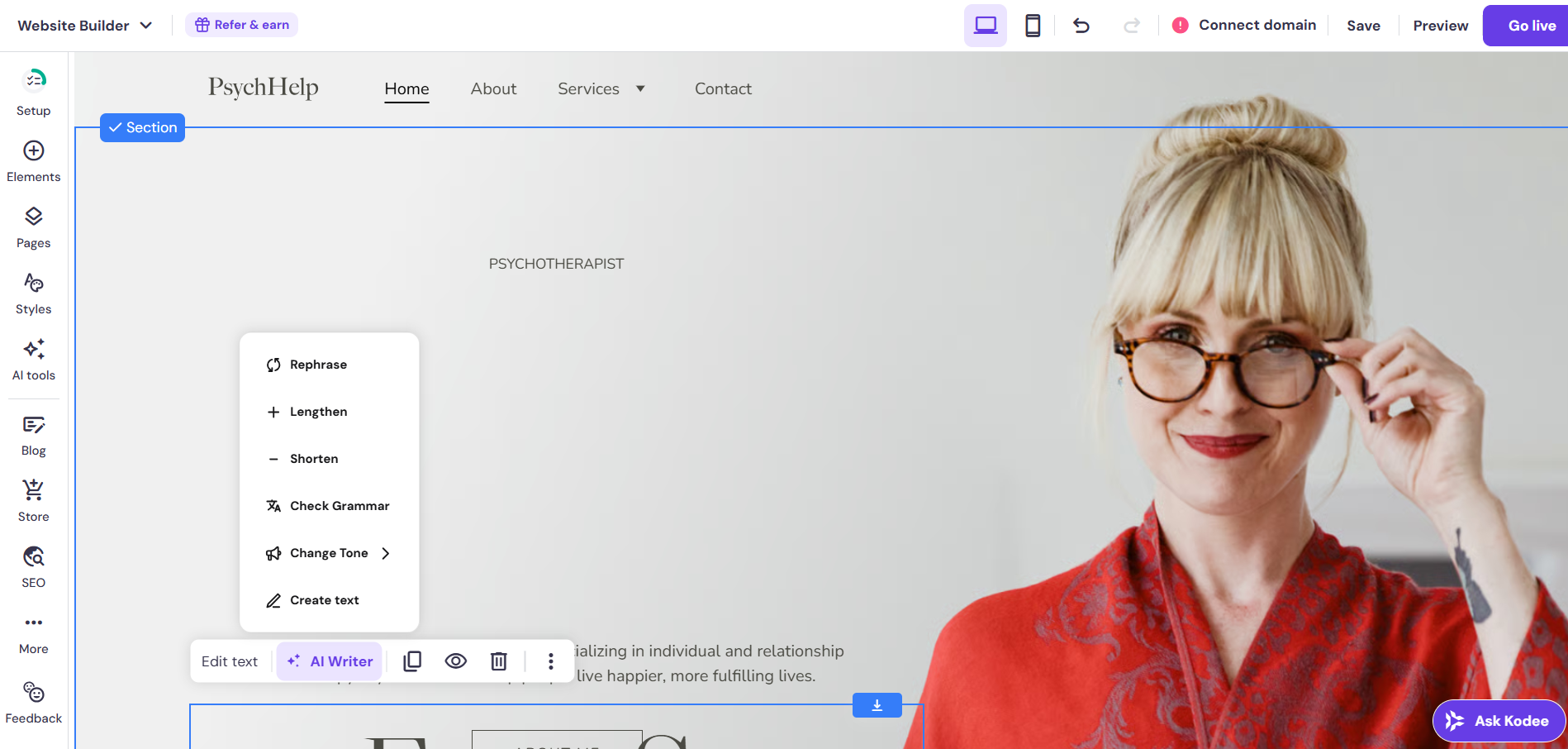 screenshot of Hostinger Website Builder