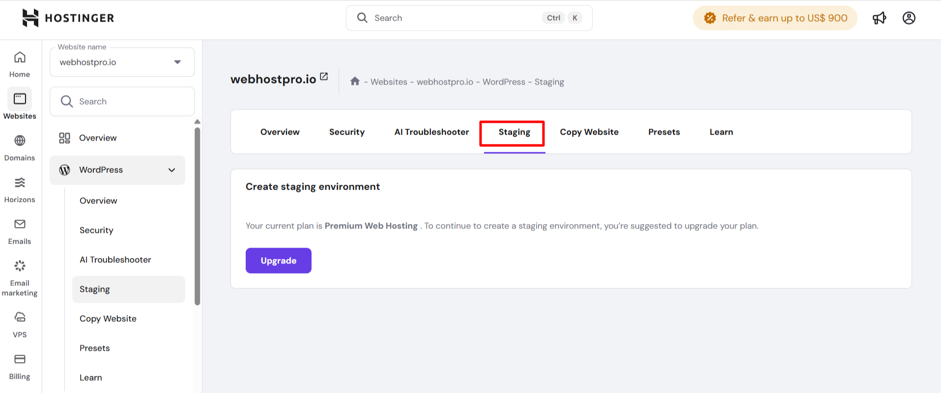 screenshot of Hostinger Dashboard