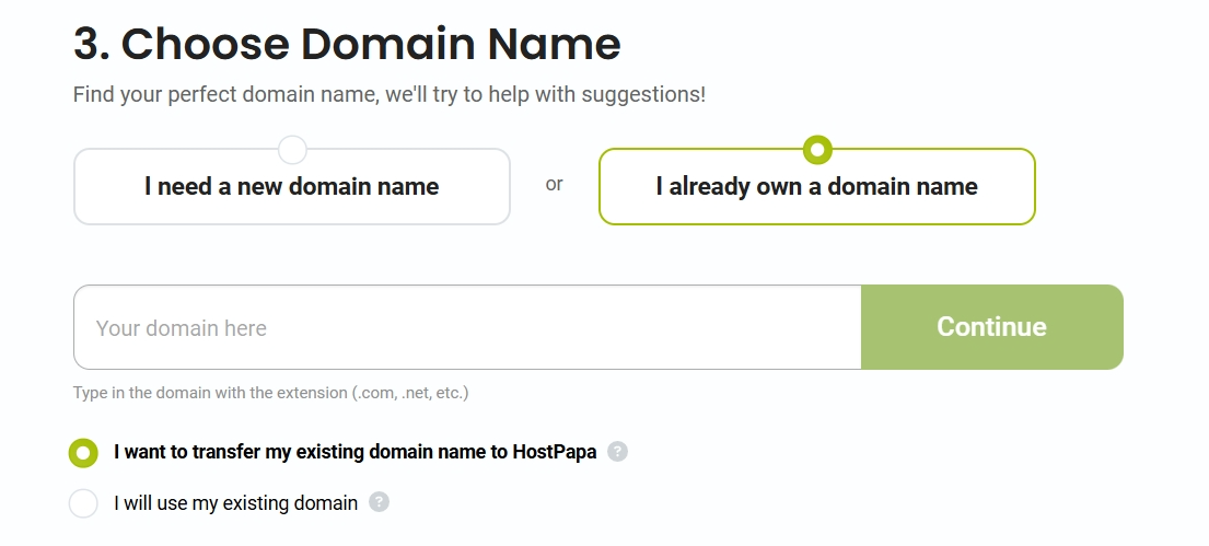 Menú de dominios de HostPapa