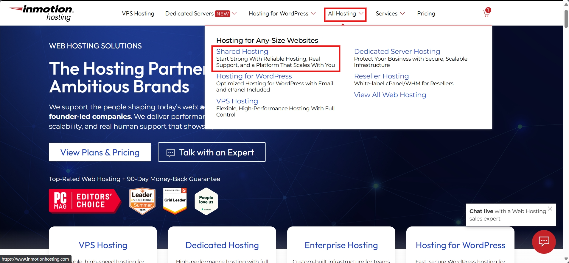 InMotion Hosting “Shared hosting” button