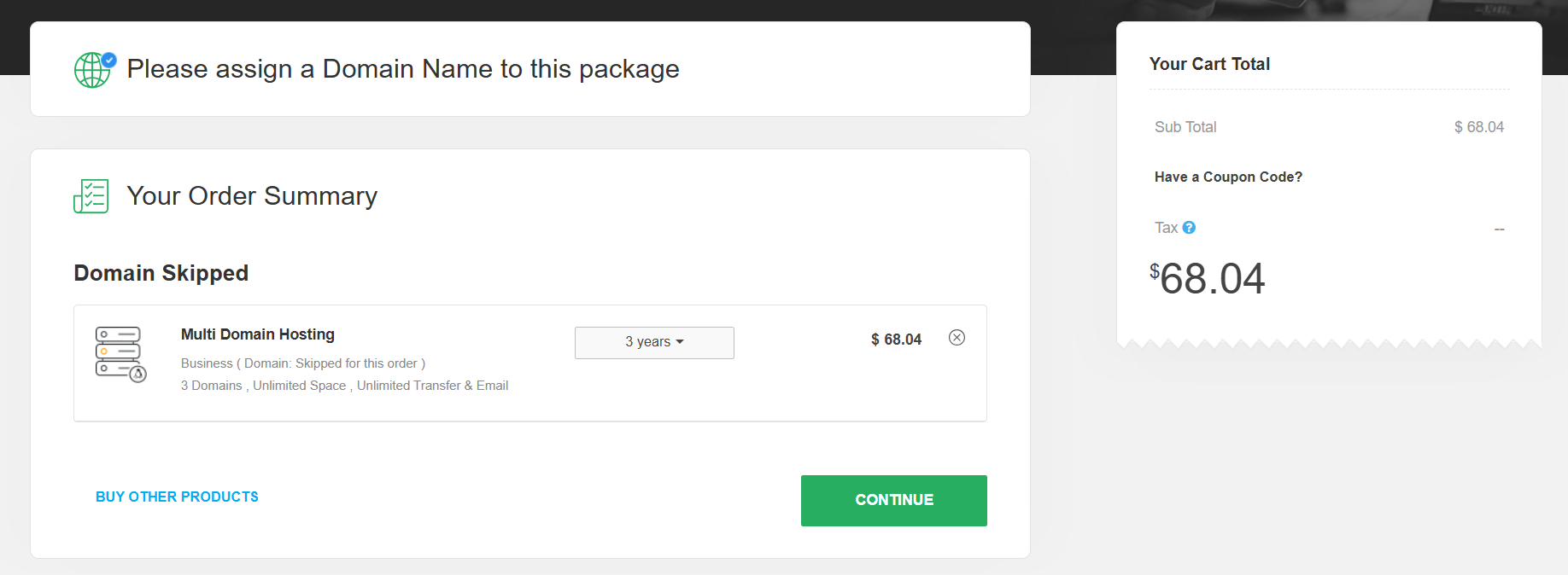screenshot of the cart