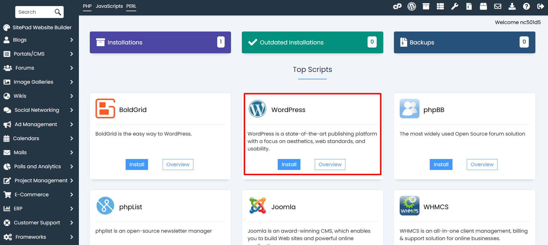 WordPress installer page