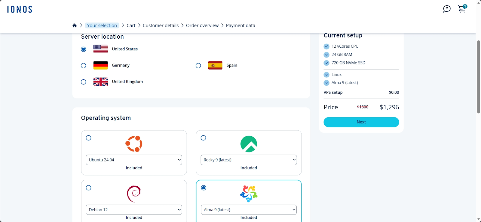 screenshot of Payment data menu
