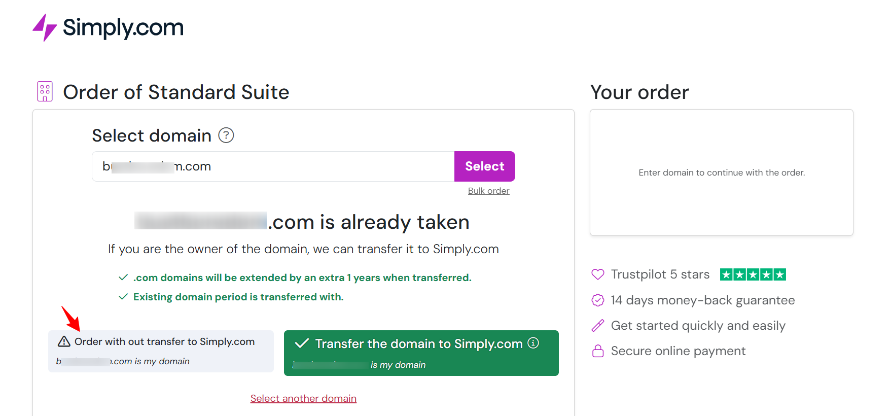 Simply.com Domain menu